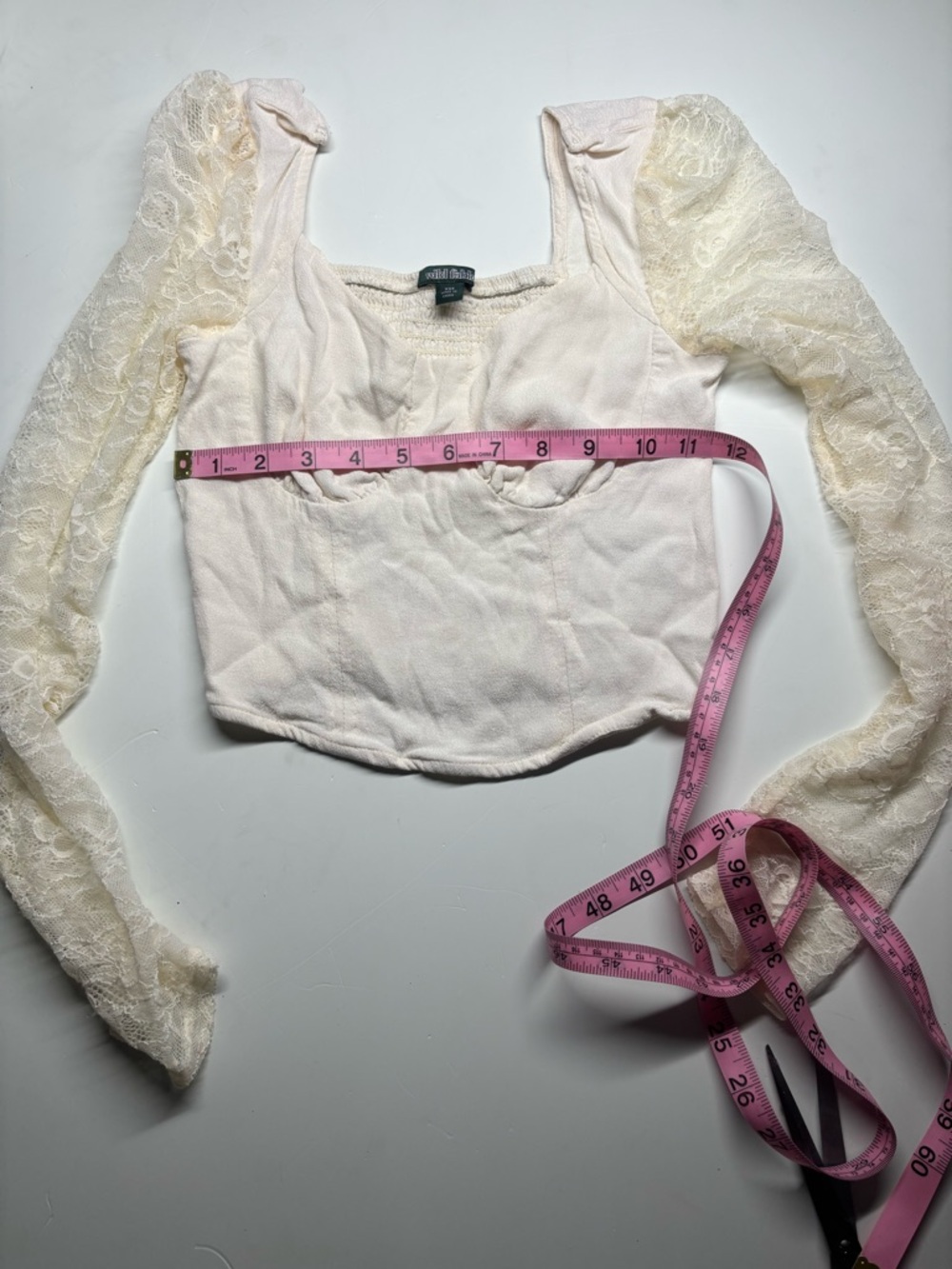 wild fable Cream Lace-Sleeve Square Neck Crop Top - Picture 2 of 9